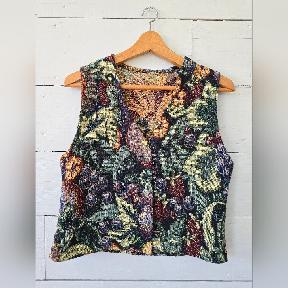 Vintage Handmade Fall Fruits  Tapestry Vest 3 Button Closure Women's Med/large
